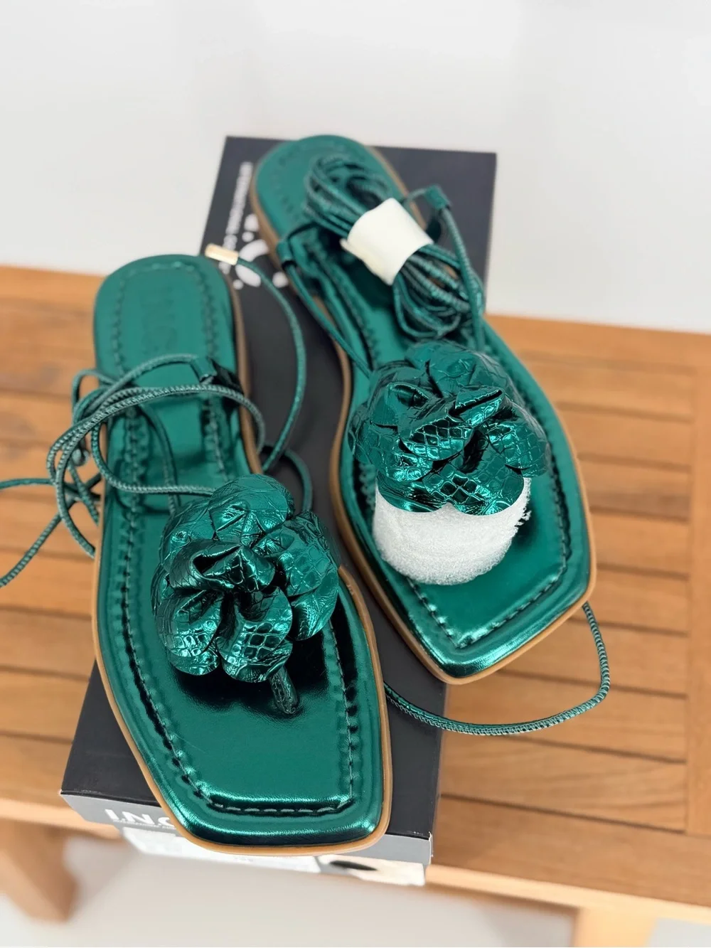 INC Women’s Green Metallic Floral Lace-Up Sandals GILAMP 8M